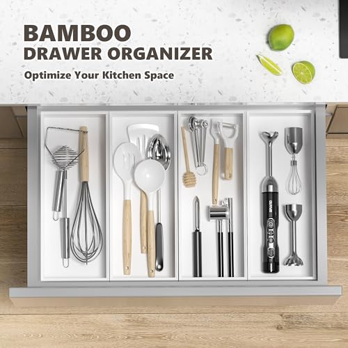 Kitchen Drawer Organizer Bins, Stackable Deep Bamboo Drawer Organizer for Silverware, Utensils, Cutlery, Flatware, Junk, Dresser, Bathroom, 15" x 6" x 2.5" (Set of 2) - color: White, size: 15 x 6 x 2.5 Inch