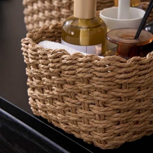 4PCS Woven Storage Baskets Set, Small Baskets for Organizing, Square Handwoven Paper Rope Organizer Bins for Shelves and Home Storage (Brown) - color: Brown
