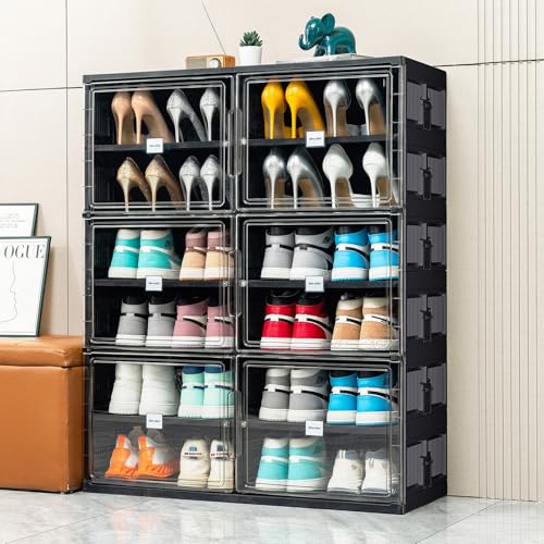 JEKO&JEKO 6 Tiers Foldable Shoe Rack Organizer Cabinet for Closet Entryway, Large Collapsible Shoe Storage Box with Magnetic Doors (Black) - color: Double-row, size: 6 Tiers
