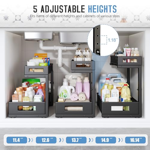 2 Pack 17IN Depth Under Sink Storage Organizer, Large 2-Tier Elegant Mesh Pull Out Shelf for Kitchen and Bathroom Cabinet Organization, L-Shaped and Adjustable Height Design-Black - color: Black, size: 2 Pack-17"Dx11.4"-16.14"H