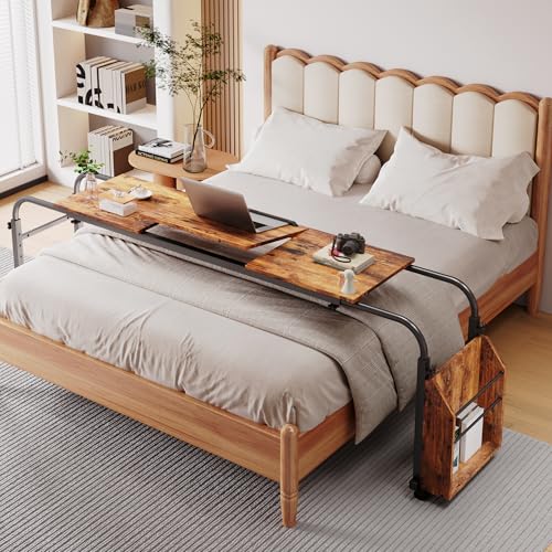 Arlopu Overbed Table with Wheels,60.6-84.2 inches Mobile Bed Desk,Rolling Computer Desk, Laptop Cart,W/0-65°Tilt Stand,4 Heights and 6 Lengths,Side Storage Basket,for Home,Office and Hospital (Brown) - color: Brown