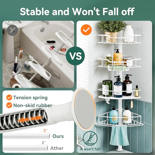 Corner Shower Caddy Tension Pole, 4 Tier Rustproof Shower Tension Rod Organizer, Adjustable 25-125 Inch Bathroom Shower Organizer Shelves for Bathtub Shampoo Storage, White - color: White