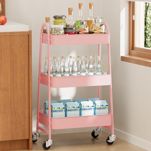 NEWBULIG 3-Tier Rolling Utility Cart with Locking Wheels, Slim Metal Mobile Storage Organizer Shelf for Small Spaces, Bathroom, Living Room, Pink - color: Pink, size: 3-Tiers