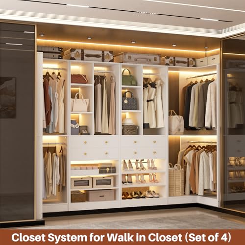 Besiost Closet System with 4 Drawers & Corner Tower, Closet Organizer System with 4 Hanging Robs, Reversible U Shaped Walk-in Closet System, Load 2600+LBS Capacity, Set of 4, White - color: White, size: 117" * 31.5"