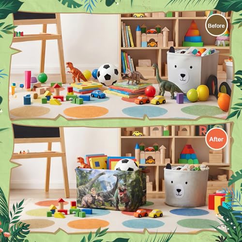 Capoda Dinosaur Toy Box Chest with Leather Handle - Collapsible Sturdy Dinosaur Toy Chest Basket, Rectangular Dino Storage Organizer Box Bin for Playroom, Bedroom, Nursery, Living Room (Forest,1 Pack)