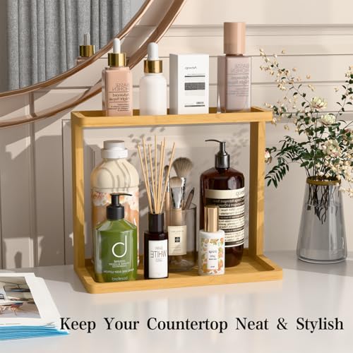PEKER Bamboo Bathroom Organizer Countertop – Small Vanity Storage Shelf for Makeup, Perfume, Skincare – Natural Cosmetics Display Rack for Dresser, Sink, Kitchen – Natural - color: Natural Bamboo