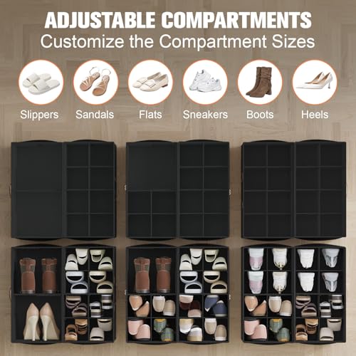 Shoe Organizer for Closet, 2-Pack Foldable Shoe Storage Box with Adjustable Dividers & Clear Cover, Fits 16 Pairs, Black, Durable and Space-Saving - color: Black, size: 2 Pack