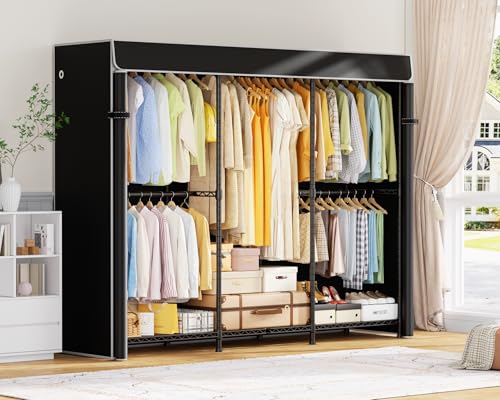 ULIFHOME E14C Pro Heavy Duty Closet Organizer System，Freestanding Clothing Racks for Hanging Clothes，Adjustable Garment Rack 70.1"W × 16.6"D × 76.4"H Hold 960 lbs，Black Rack with Black Dustproof Cover - color: Black Rack With Black Cover