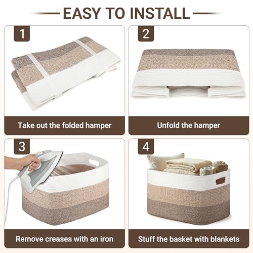 75L Large Woven Storage Basket, Cotton Rope Laundry Hamper with Handles, 22”x17”x12” Rectangle Blanket Basket for Toys, Clothes, Pillows, Nursery and Living Room, Gradient Brown/White - color: Gradient Brown/White