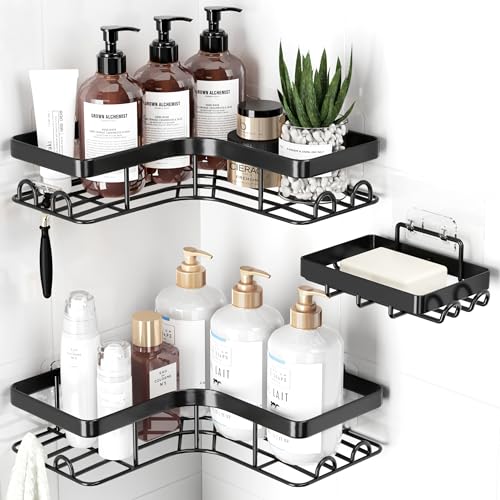 Sakugi Corner Shower Caddy - 3-Pack Shower Organizer with Soap Holder & Built-In Hooks, Rustproof Metal Shower Shelves, Laundry, Kitchen, Bathroom Organizers and Storage Solution, Large, Black - color: Black, size: Large - 3 Packs