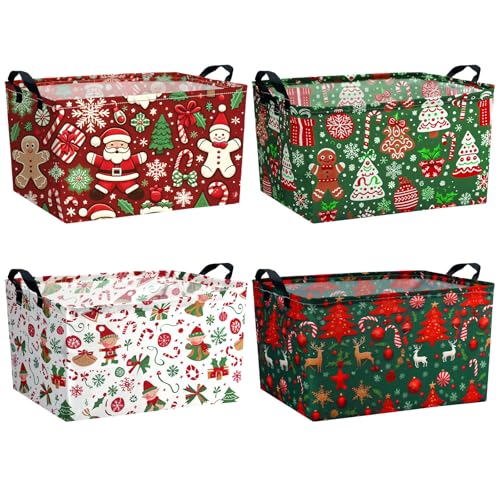 4 Pack Christmas Storage Bin Collapsible Large Christmas Storage Baskets for Gifts Xmas Tree Canvas Laundry Basket Foldable Box with Handle for Office Home Bedroom Clothes Toys Holiday Decor - style: Retro