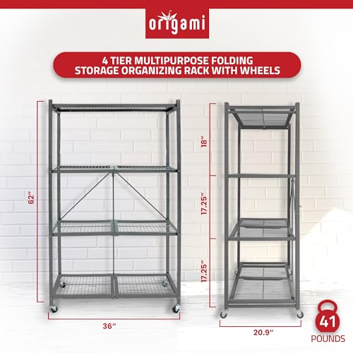 Origami 2-Pack R5 Series Foldable 4-Tier Steel Storage Rack, Pewter – Heavy-Duty Metal Shelving Unit w/ Removable Wheels for Laundry Room or Garage – Rolling Organizer for Home, Office & Warehouse - color: Pewter, size: 2-Pack