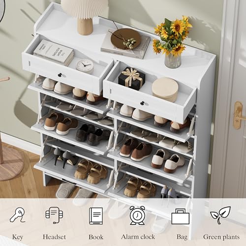 Thacuok Shoe Cabinet with 6 Flip Drawers & 2 Storage Drawers, Rustic Farmhouse Narrow Shoe Organizer Cabinet, Slim Shoe Rack Cabinet, Shoe Storage Cabinet for Entryway, Hallway, Front Door - color: White, size: 6 Drawers