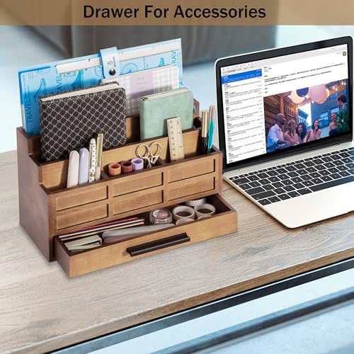 dreampossible Brown Wood Desk Organizer and Accessories with Drawer, Bill Mail Organizer and File Mail Holder for Office Supplies, Rustic Desk Accessories & Workspace Organizers - color: Brown B