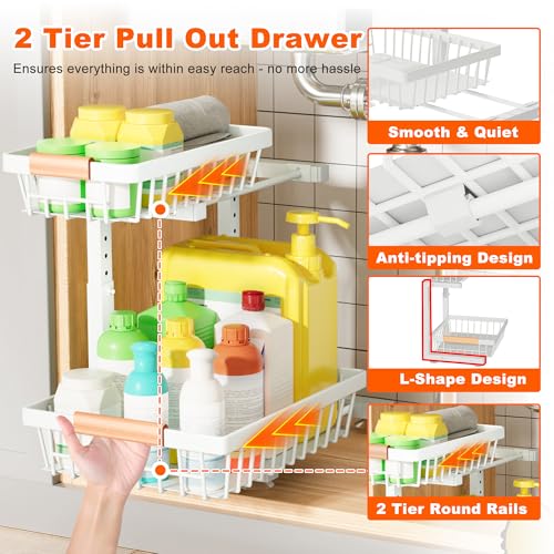 Under Sink Organizer, 2 Pack 2 Tier Under Sink Organizers and Storage, Slide Out Pull Out Cabinet Organizer Shelf, Height Adjustable Metal Drawer for Kitchen Bathroom Closet Organization Rack White - color: White