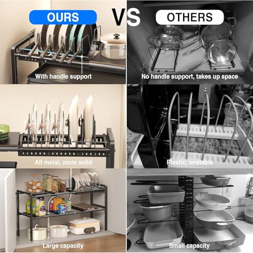 Mustorn Pots and Pans Organizer Under Cabinet, Expandable 2 Tier Under Sink Organizers and Storage Adjustable Height Kitchen Pot and Pan Lid Holder Rack with 6 Dividers(6panels,1 Pot rack, Black) - size: 6panels &1 pot rack-2 Tier
