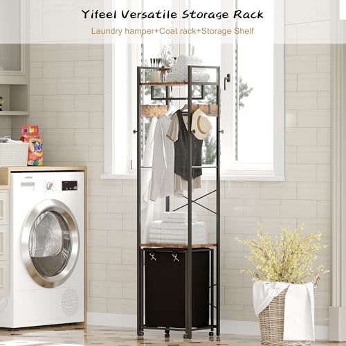 Coat Rack with Laundry Basket, Laundry Hamper Freestanding Hall Tree, Clothes Rack with Storage Shelves, 14.5 Gal Removable Bags on Wheels, Black and Brown JLH005SR - color: Black and Brown