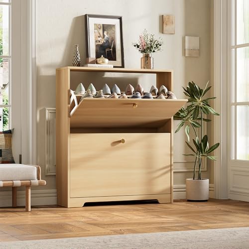 Nicetree Shoe Storage Cabinet with 2 Flip Drawers, Slim Shoe Cabinet, Hidden Shoe Rack Cabinet, Shoe Storage Cabinet for Entryway, Hallway, Foryer, Natural Oak - color: Natural Oak, style: 2-Drawers