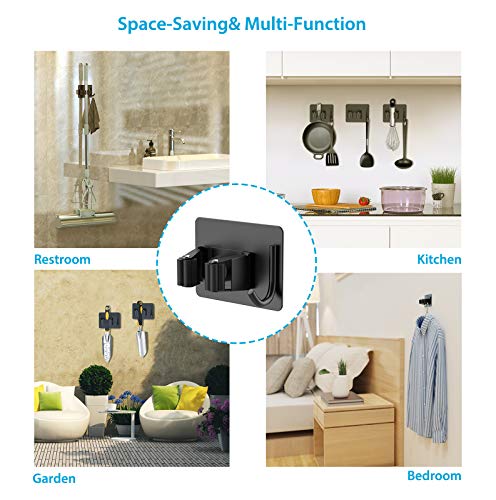 homeasy Mop Broom Holder No Drill, Mop Broom Organizer Wall Mounted Heavy Duty with Hooks Hanger, Self Adhesive Stainless Steel 4Pcs for Bathroom, Kitchen, Office (Black) - color: Black
