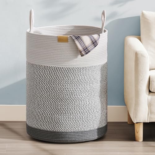 Nunsino Laundry Hamper 95L,Large Laundry Basket for Clothes,Decorative Storage Basket for Blankets,Cotton Rope Woven basket for bedroom,Grey White - color: Grey&White, size: 95L/25.1Gal