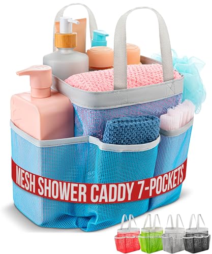 Handy Laundry Mesh Shower Caddy - 7 Pocket Portable Bathroom Organizer Tote for Travel, Gym & Dorm - Collapsible Small Shower Caddy Bag to Hold Toiletries & Essentials (Blue) - color: Portable Blue