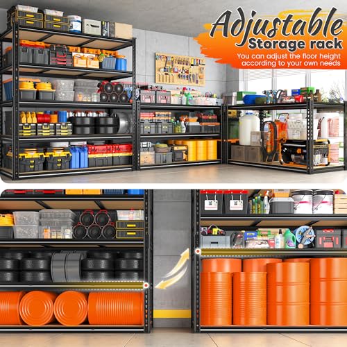 REIBII 48" W Garage Shelving 3080LBS Storage Shelves 5 Tier Industrial Shelving Adjustable Metal Storage Shelves for Garage, Basement, Warehouse, Commercial, Easy Assemble, 48" W x 72" H x 24" D - size: 48" W x 72" H x 24" D