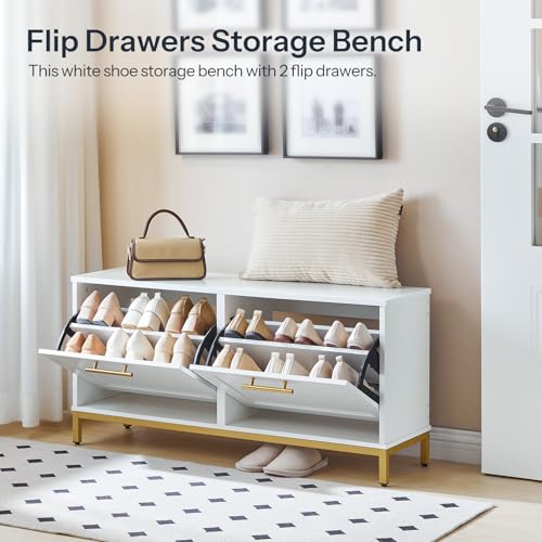 HOOBRO Shoe Bench with Storage, Shoe Storage Bench with 2 Flip Drawers, 39.4" Shoe Cabinet with Bench, Hidden Shoe Rack Organizer for Entryway, Foyer, Hallway, White and Gold DW48HX01 - color: White + Gold