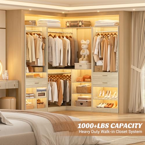 Unikito 86" Corner Closet System, Modular Closets Organizer with 4 Hanging Rods and Storage Shelves, Freestanding Wood Clothes Garment Rack with Drawers, Sturdy Walk in Closet Tower, White Oak - color: White Oak, size: 86 Inch