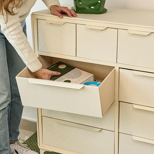 tinge Naima Premium Fabric Dresser - Strong Metal Frame, 10 Spacious Sag-Proof Drawers with Sleek Metal Handles - Premium & Durable Storage Solution for Your Home (Beige) - color: Creme Drop (Beige), size: 14"D x 39.2"W x 35.8"H (10 Drawers)