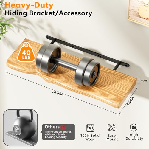Floating Shelves for Wall 24 Inch Wooden Floating Shelves Live Edge Shelf with Unique Natural Grain Wall Mounted Rustic Pine Wood Shelf for Living Room Bedroom Kitchen Bathroom (Natural) - color: Natural, size: 24 inch - 2pcs