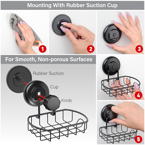 HASKO accessories Suction Soap Dish with Hooks - Super Powerful Vacuum Suction Cup Shower Soap Holder - Rustproof Stainless Steel SS304 Soap Basket - Sponge Holder for Bathroom & Kitchen (Black) - color: Black