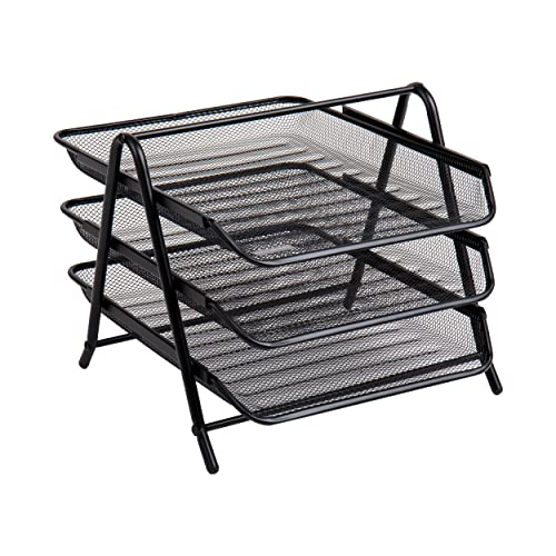 Mind Reader 3-Tier Paper Tray, Desktop Organizer, File Storage, Workspace, Office, Metal Mesh, 11.75"L x 13.75"W x 10"H, Black