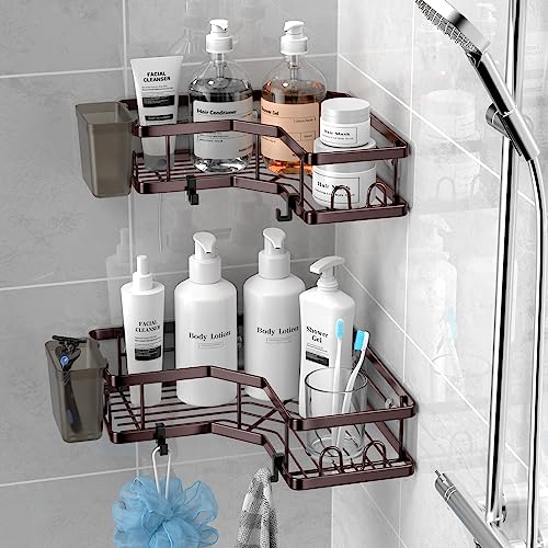 AKTECKE Shower Caddy Corner Organizer: 2Pack Adhesive Shower Shelf Essentials - No Drilling Stainless Steel Bathroom Storage Rack with Hooks and Toothpaste Holder - Shower Accessories - color: bronze, size: 9.6"×9.6"×2.6"