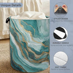 Blue Green Gold Marble Laundry Basket,Foldable with Handles Tote Bag Oxford Cloth for Bathroom Bedroom Dirty Clothes Storage Bucket 16" x 20.8" - color: Blue Green Gold Marble