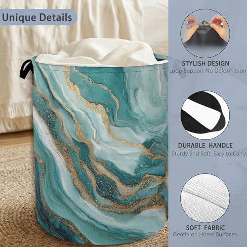 Blue Green Gold Marble Laundry Basket,Foldable with Handles Tote Bag Oxford Cloth for Bathroom Bedroom Dirty Clothes Storage Bucket 16" x 20.8" - color: Blue Green Gold Marble