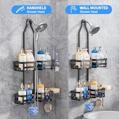 GAOKASE Aluminum Shower Caddy Hanging, Never Rust Shower Organizer- 4 Levels with adjustable Height 10 Hooks for Razor/Sponge - Rack with Soap Basket (Black-1) - color: Black-1