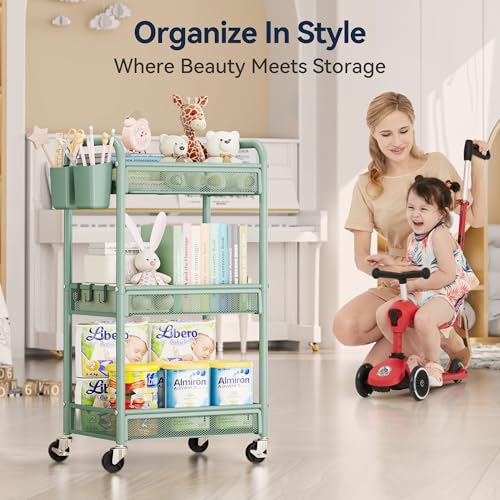 YASONIC 3 Tier Rolling Cart – Metal Utility Storage Carts with Wheels, Craft Carts Organizer with Hanging Cups, Hooks, Mesh Basket for Bedside Kitchen Office Art, Green - color: Green