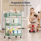 YASONIC 3 Tier Rolling Cart – Metal Utility Storage Carts with Wheels, Craft Carts Organizer with Hanging Cups, Hooks, Mesh Basket for Bedside Kitchen Office Art, Green - color: Green