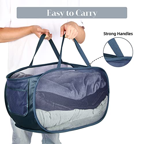 Durable Collapsible Laundry Baskets, Mesh Pop Up Laundry Hamper with Side Pocket, Foldable Clothes Storage Hamper with Reinforced Carry Handles for Laundry, Bathroom, Kids Room, Dorm or Travel Navy - color: Navy Blue