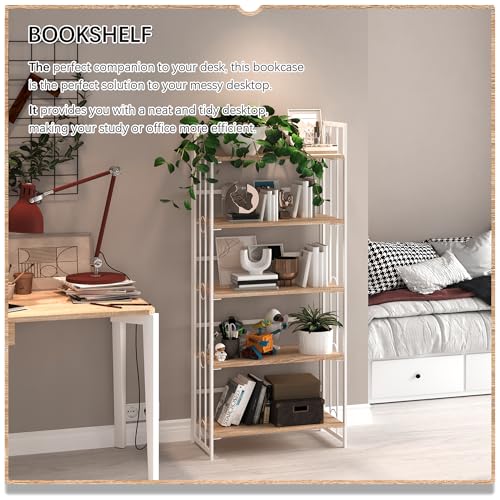 4NM No Assembly 5 Tiers Folding Bookshelf, 59.4" H Foldable Storage Shelves Vintage Bookcase Standing Racks Study Organizer Home Office - Natural White - color: Natural White, size: 5-Tier