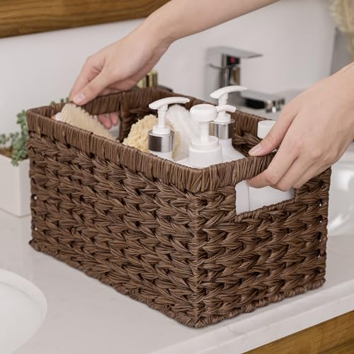 GRANNY SAYS Wicker Storage Baskets for Shelves, Wicker Baskets for Organizing, Waterproof Woven Basket for Pantry, Rectangle Basket for Shlef, Brown, 2-Pack - color: Brown, size: 13"L x 8 ¼"W x 7"H