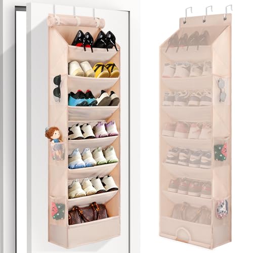 7 Tier Over The Door Shoe Organizer, Hanging Shoe Rack for Closet with Dustproof Mesh Curtain & 6 Side Pockets, Behind The Door Narrow Shoe Holder Hanger for Sneakers, Boots (Beige) - color: Beige