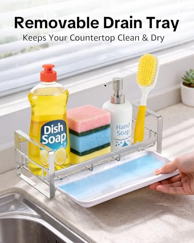 HULISEN Large Sponge Holder, 304 Stainless Steel Kitchen Soap Dispenser Caddy Organizer, Countertop Soap Dish Rack Drainer with Removable Drain Tray, not Including Dispenser and Brush, Silver - color: Silver, size: Large
