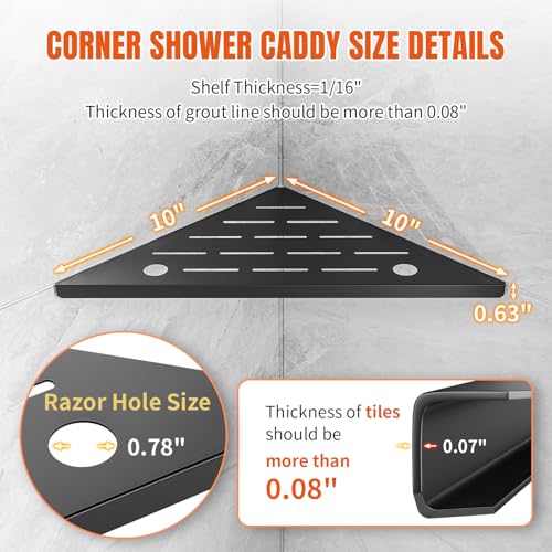Corner Shower Shelves with Razor Hole, Modern Sturdy Shower Caddy, 10" 304 Stainless Steel Shower Organizers Bathroom Shelf for Tile Wall, No Drilling Grout Mount Shelf for Shower,Bathroom Accessories - color: Black