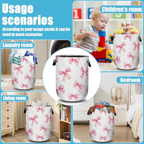 Pink Bow Laundry Basket, Laundry Hamper Collapsible Oxford Cloth with Handle Clothes Toy Storage Bin for Bathroom Laundry Room Bedroom 15.7 X 20 Inch - color: Pink Bow