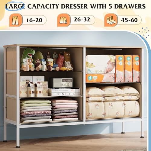 WLIVE Dresser for Bedroom with 5 Drawers, Wide Chest of Drawers for Bedroom, Fabric Dresser for Living Room, Closet, Hallway, Cream White - color: Cream White