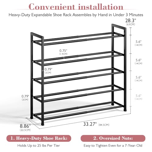 Bumusty 5-Tier Expandable Shoe Rack for Closet, 18“-33” Adjustable Shoe Rack for Small Space, Small Shoe Organizer for Front Door, Sturdy Metal (Black) - color: Black, size: 5-Tier