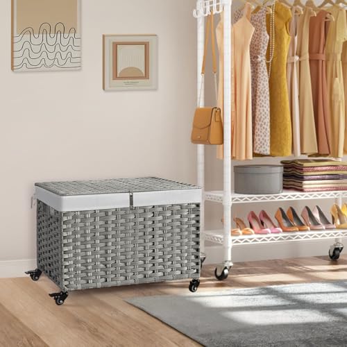 Rolling Storage Basket with Lid, 47.6 Gallon (180L) Storage Bin with Wheels, Woven Rattan Blanket Storage Basket with Handles, Foldable, Metal Frame, Removable Liner for Bedroom, Laundry Room, Grey - color: Grey