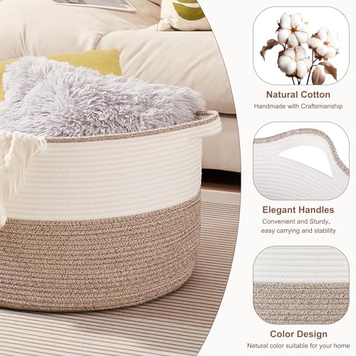 OIASKET Large Blanket Basket with Handles, 22.8" x 22.8" x 13" Woven Storage Basket for Living Room, Cotton Rope Baby Toy Storage for Clothes, Pillows, Towels-Brown & White - color: Brown & White, size: 90L