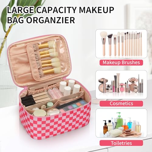 OCHEAL Makeup Bag Portable Cosmetic Bag For Women, Large Capacity Travel Makeup Case Organizer, Toiletry Bag for Girls Traveling With Handle and Divider-Pink - color: 0021_Grid Rose Red, size: Medium